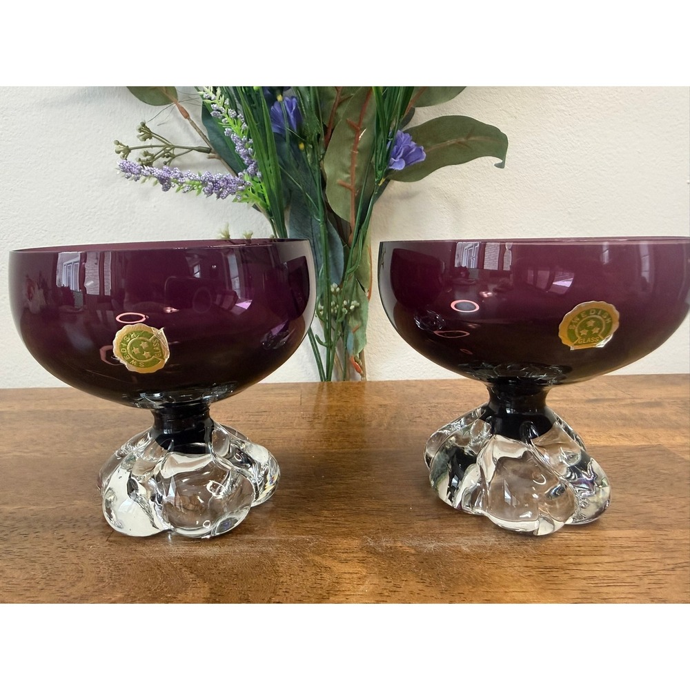 Vintage Åseda Sweden‎ Amethyst Pedestal Bowls Scandinavian Art Glass Pair